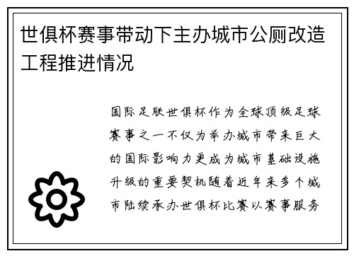 世俱杯赛事带动下主办城市公厕改造工程推进情况