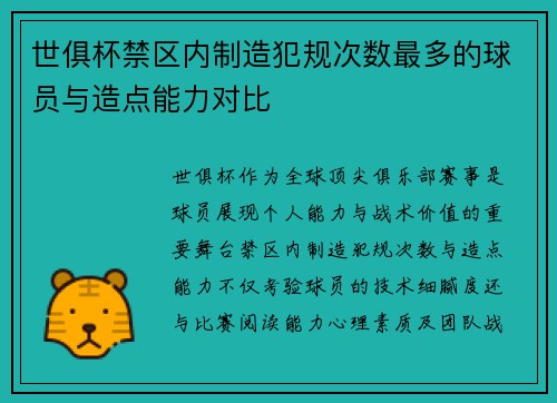 世俱杯禁区内制造犯规次数最多的球员与造点能力对比